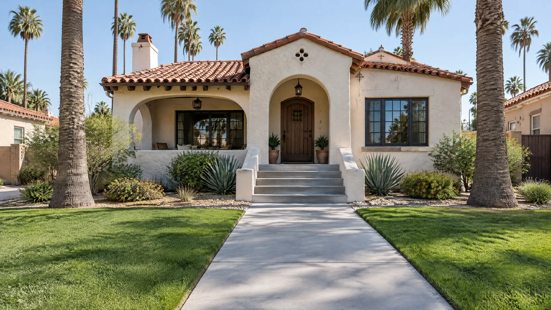Restored concrete front walkway and steps at a 1930s Spanish revival bungalow in a historic central Phoenix neighborhood with tall palms and green grass