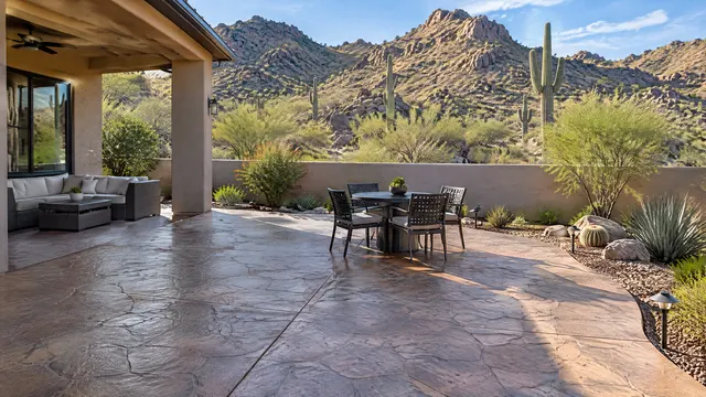 Stamped concrete patio behind a Phoenix home at the edge of the north Phoenix mountain preserve, rocky desert hills and saguaros behind the back wall
