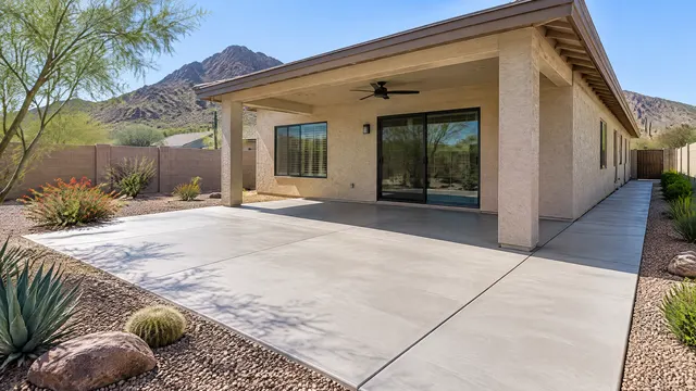 New concrete patio and side walkway at a 1970s single-story stucco home in north Phoenix near Piestewa Peak, desert landscaping and a block wall, clear sky