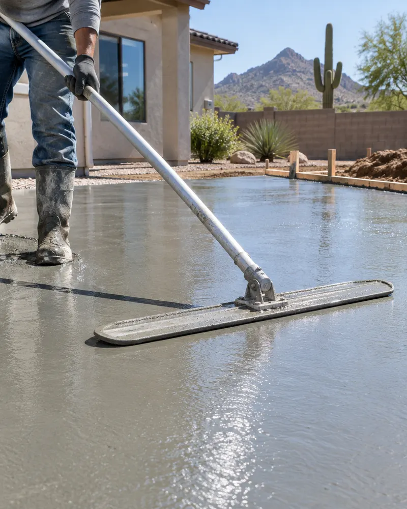Bull float being pushed across a freshly poured concrete slab on a residential job, long handle, wet surface glistening, cropped so no face shows