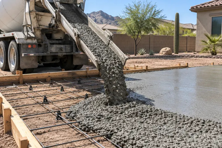Concrete flowing from a ready-mix truck chute into forms on a residential backyard job, wet concrete spreading over rebar