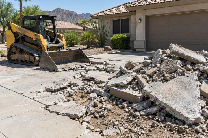 Old concrete driveway broken into pieces by a skid steer during demolition in front of a Phoenix home, debris pile ready for haul-off
