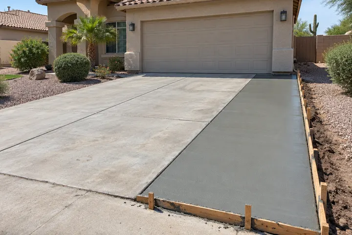 Concrete driveway widened with a new poured strip alongside the original slab, forms still in place, in front of a stucco home