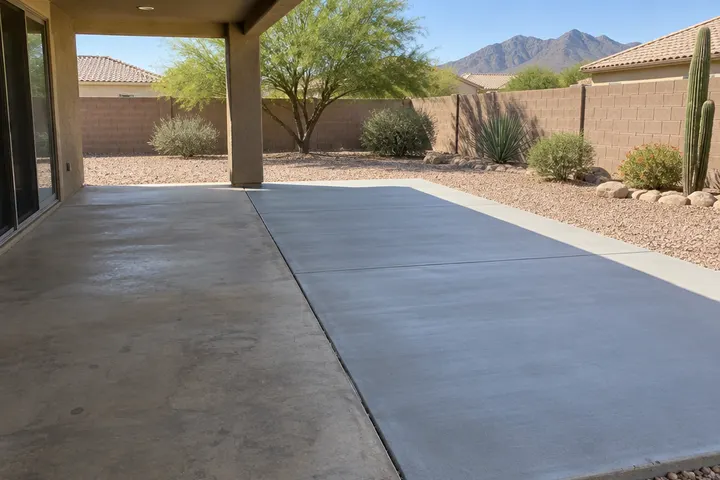 Original covered patio slab with a newly poured concrete extension reaching out into the backyard, joint line visible between old and new