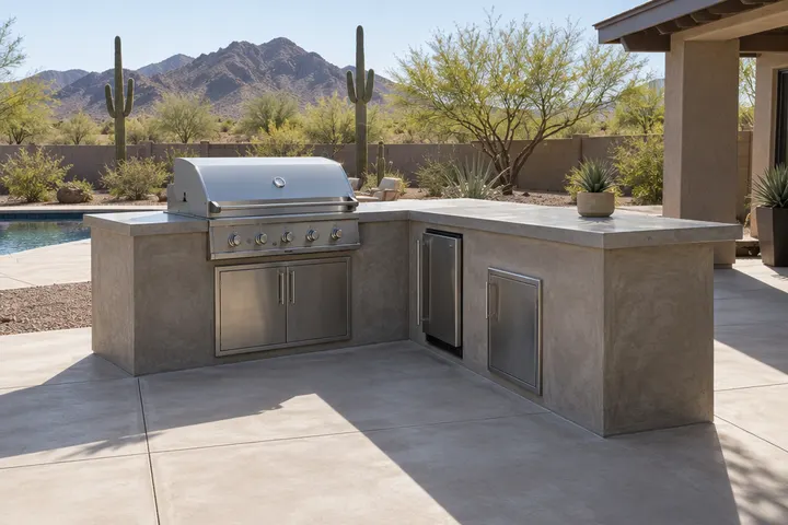 Outdoor kitchen island with a built-in grill on a smooth concrete pad in a desert backyard