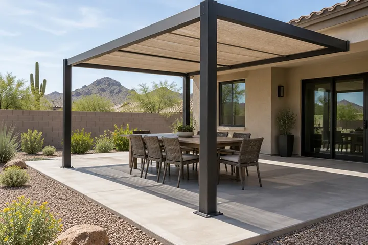 Concrete patio slab with a shade pergola anchored on it and an outdoor dining table underneath