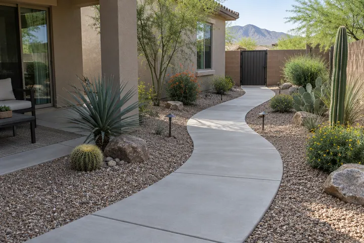 Curving poured concrete walkway leading from a backyard patio through gravel and desert plants to a side gate