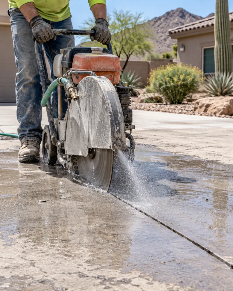 Concrete saw cutting a straight line through an old driveway slab with water spray, operator cropped so no face shows