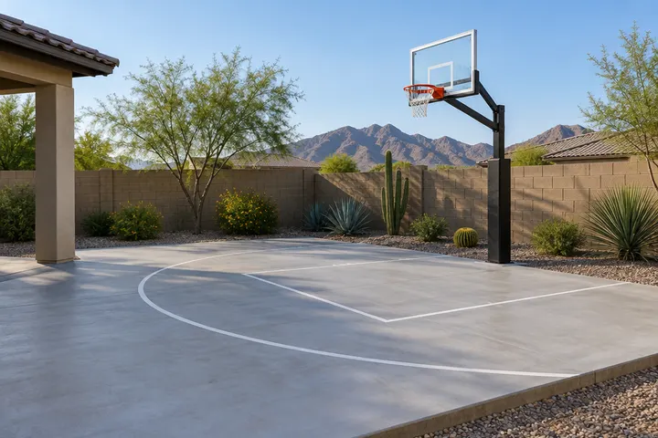 Backyard concrete half-court slab with a basketball hoop on a smooth finished surface, block wall and desert plants