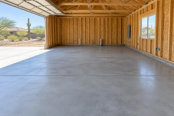 Clean new concrete floor slab inside a detached garage or workshop under construction with open wood framing