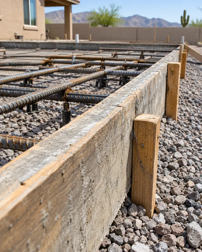 Thick concrete slab edge with rebar visible inside the form before the pour, close up, gravel base below