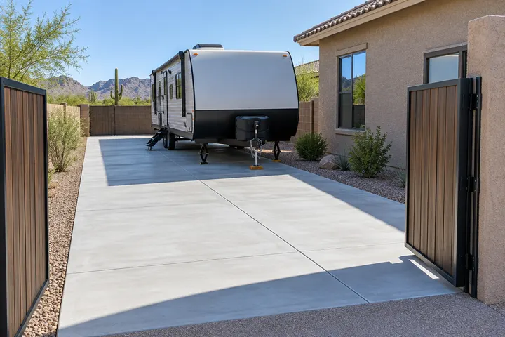 Travel trailer parked on a long new concrete RV pad beside a Phoenix home behind a gate