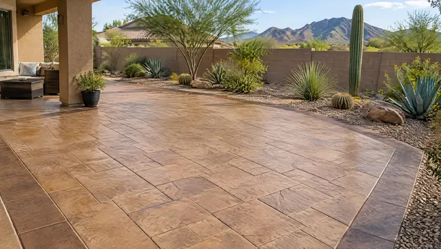 Stamped and colored concrete patio in a warm sandstone tone with an ashlar slate pattern and a darker border band, beside a Phoenix backyard with desert landscaping and a low block wall