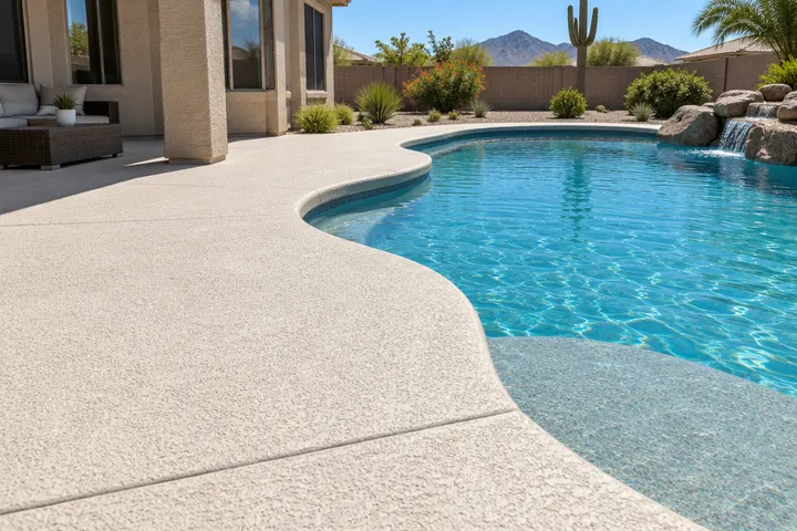 Light colored knockdown textured concrete pool deck coating around a backyard pool in bright sun