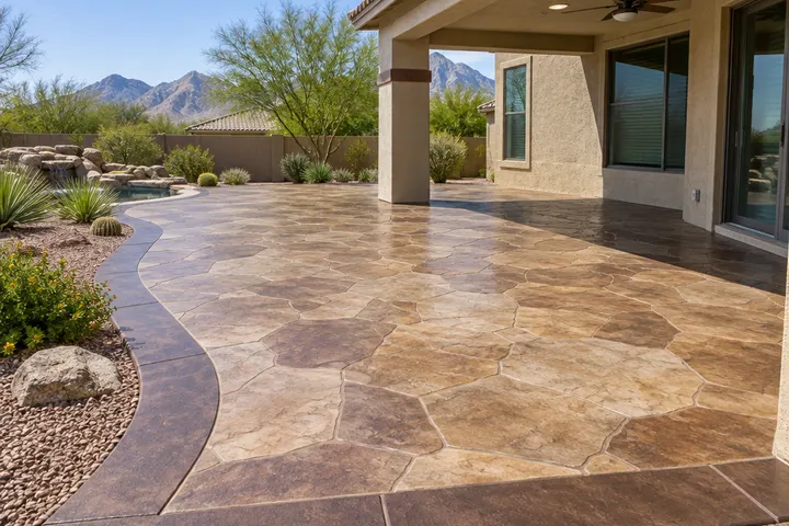 Stamped concrete patio in a flagstone pattern with tan and brown color variation and a contrasting border